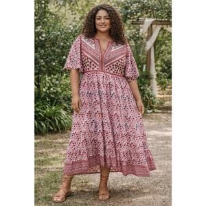 Oliphant Mendoza Maxi Dress XL Embellished Pink Blue Red Paisley V Neck $398